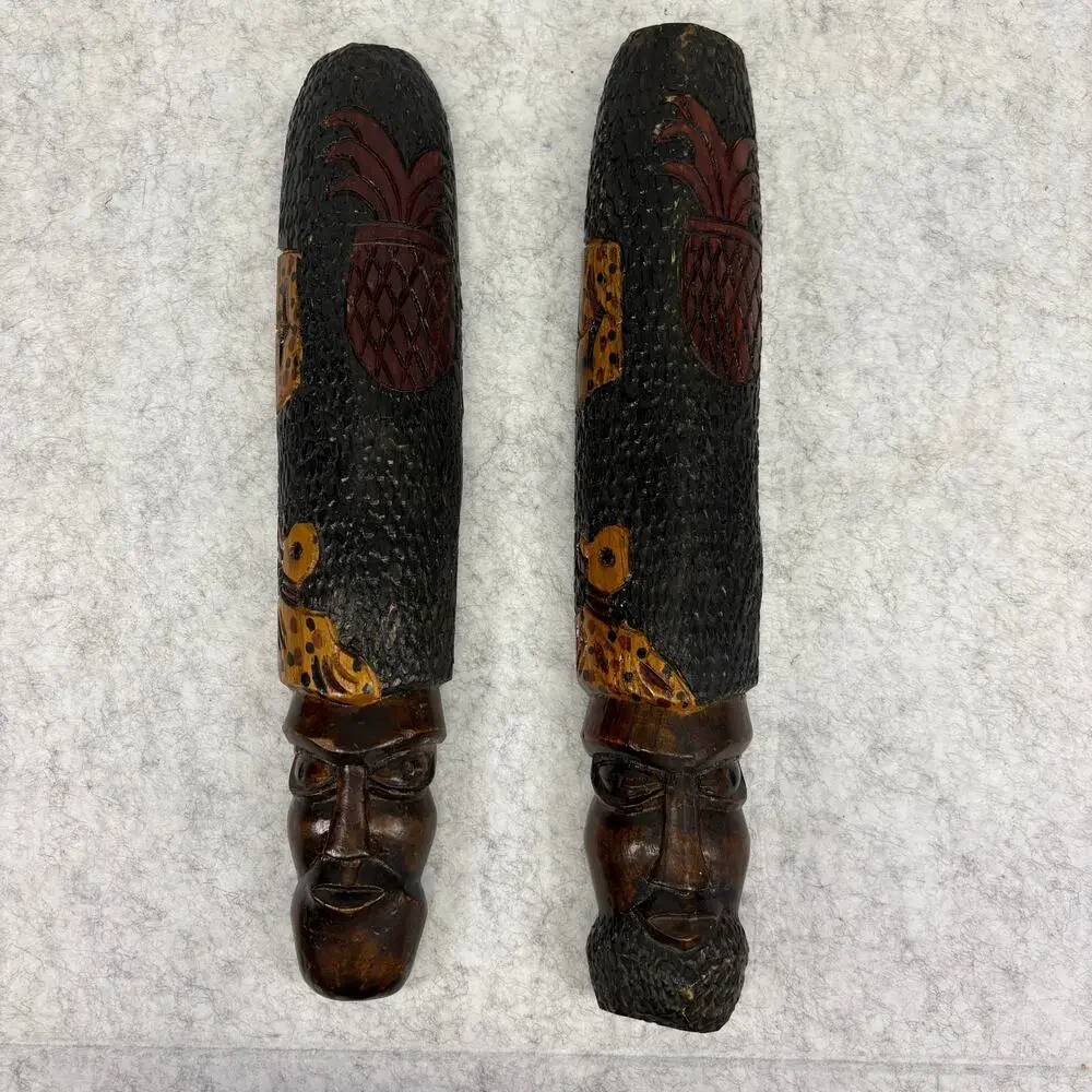 Vintage 1970s Hawaiian Carved Wood Tiki Couple – Wall Art Pair 18.5